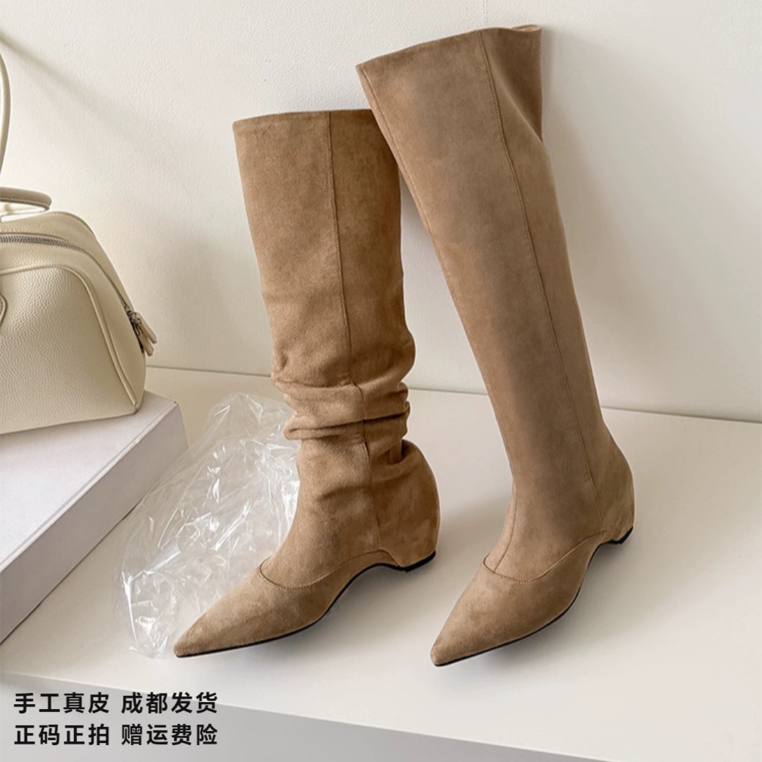 L'avance鹿皮绒骑士靴2026秋款高品质女鞋巨舒适长靴不过膝堆堆靴