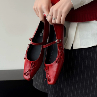 L'avance头层牛皮显瘦芭蕾舞鞋法式复古女真皮单鞋蝴蝶结平底鞋1c