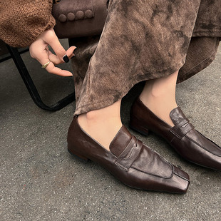 l'avance 真皮乐福鞋女秋冬法式复古平底小众百搭通勤女鞋2cm平底