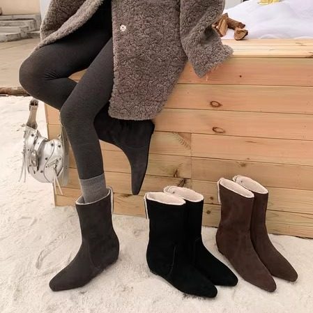 l'avance真皮 法式复古女4cm时髦精牛翻皮瘦瘦靴冬天玩雪宽筒靴子