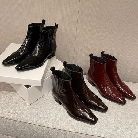 l'avance真皮 法式复古女4cm时髦精头层牛漆皮时尚切尔西靴短靴子