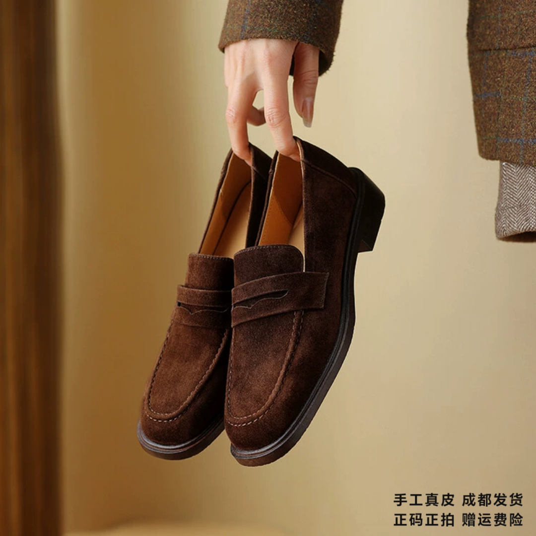 L'avance羊翻皮乐福鞋2026高品质女鞋巨舒适纯皮单鞋可可棕小皮鞋