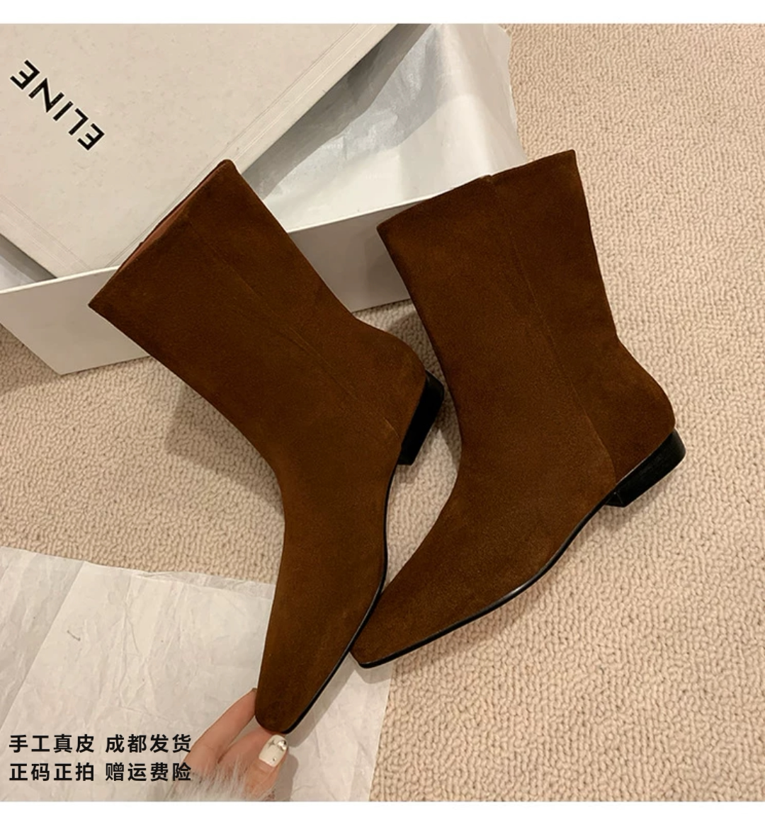 L'avance牛翻皮短靴2026秋高品质女鞋巨舒适纯皮单靴早秋平跟踝靴