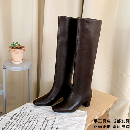 L'avance牛皮高筒靴2026秋冬高品质女鞋巨舒适纯皮单靴可可棕长靴