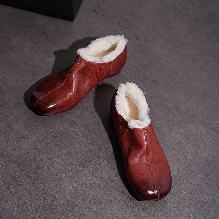 l'avance真皮 法式复古女2cm时髦精水洗牛皮博肯芭蕾舞平底毛毛鞋