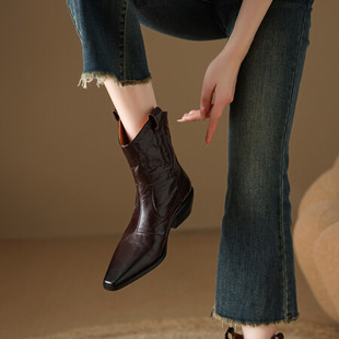 粗跟马丁靴 avance真皮方头西部牛仔靴女短筒骑士靴2025秋冬新款