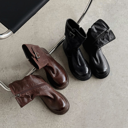 l'avance真皮 法式复古女4cm时髦精头层水洗洋气马丁靴气质西部靴