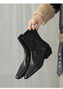 L'avance头层植鞣牛皮显瘦短靴法式复古女真皮单靴粗跟及踝靴子3c