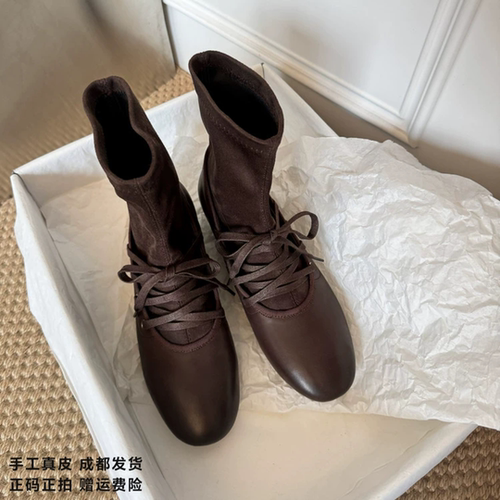 L'avance牛皮芭蕾靴2026秋高品质女鞋巨舒适纯皮单靴可可棕瘦瘦靴