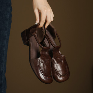 L'avance 头层牛皮显瘦小皮鞋法式复古女真皮单鞋包头平底鞋2.5cm