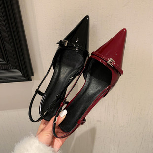 L'avance漆皮版显瘦包头凉鞋法式复古女真皮单鞋尖头细跟高跟鞋5c