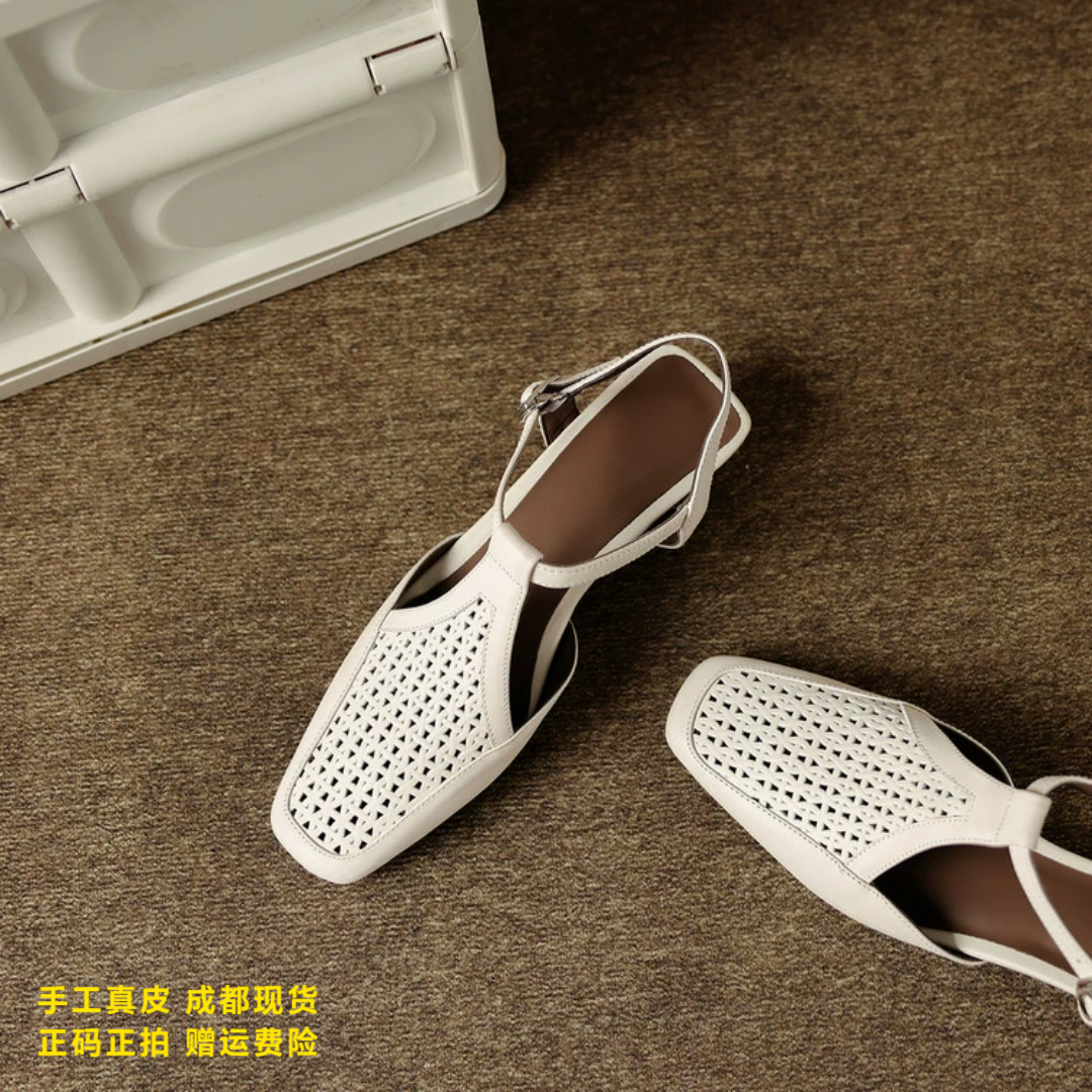 L'avance牛皮编织凉鞋2026高品质女鞋巨舒适通勤纯皮凉鞋低跟好穿