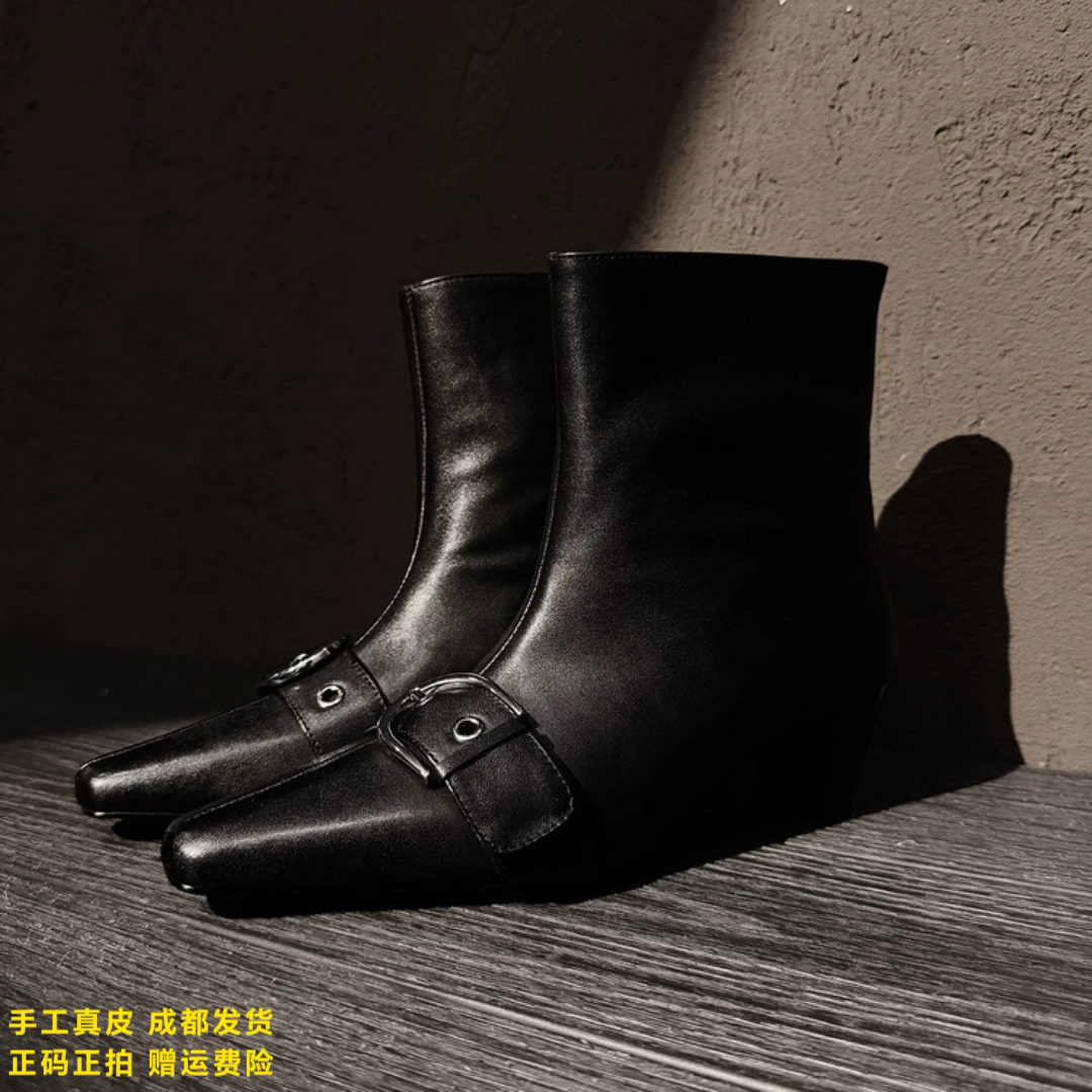 L'avance牛皮小短靴2026冬季高品质女鞋巨舒适纯皮单靴中跟及踝靴