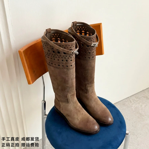 L'avance牛翻骑士靴2026冬高品质女鞋巨舒适纯皮单靴可可棕高筒靴