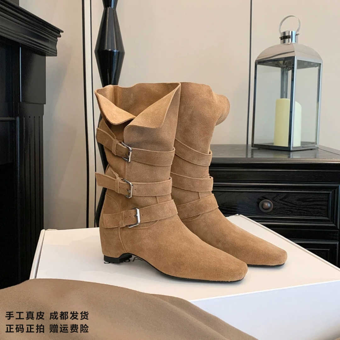 L'avance牛翻皮西部靴2026秋高品质女鞋巨舒适纯皮单靴内增高短靴