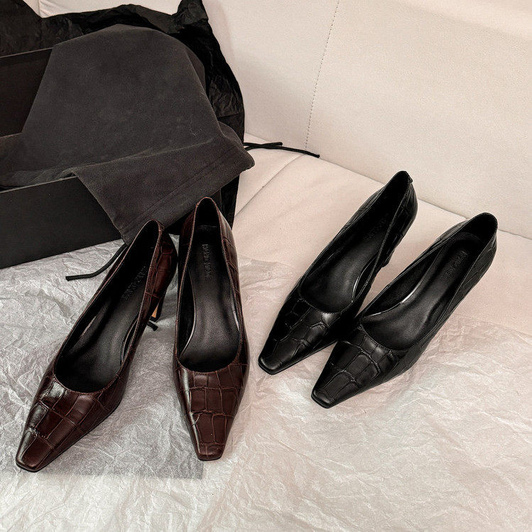 l'avance真皮 法式复古女7cm方头石头纹牛皮高跟鞋粗跟通勤单鞋子