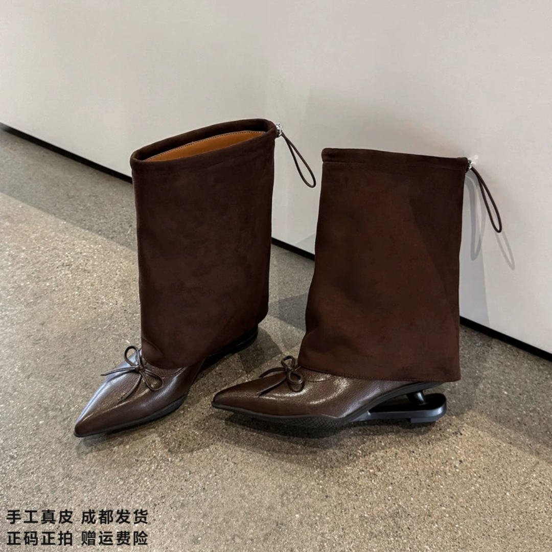L'avance牛皮裤管靴2026冬高品质女鞋巨舒适纯皮靴可可系小众设计