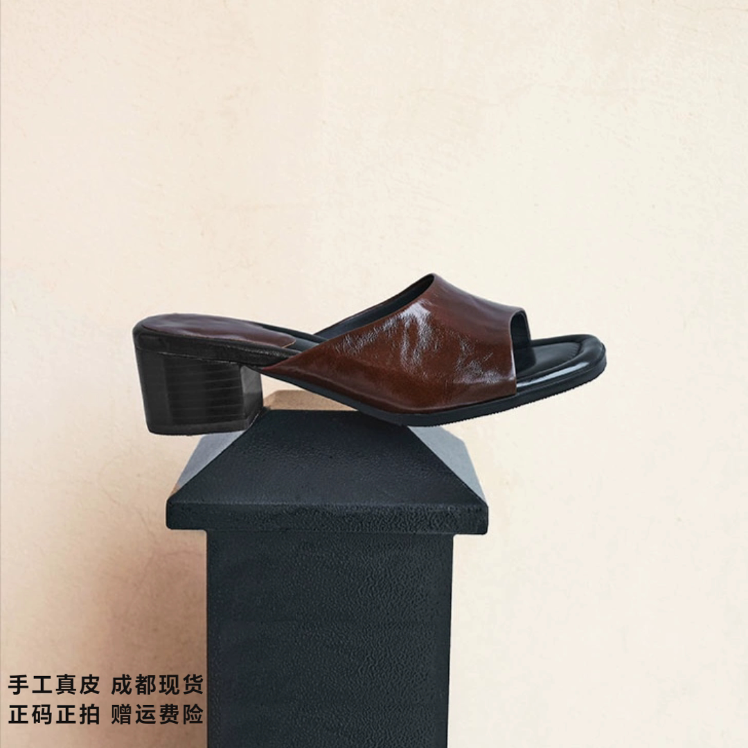 L'avance牛皮穆勒拖露趾凉鞋2026新高品质女鞋巨舒适纯皮中跟凉鞋