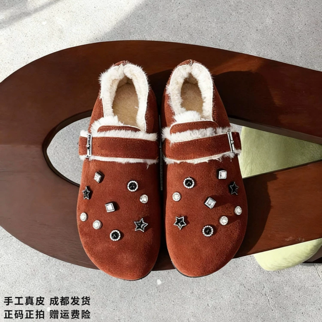 L'avance牛皮水钻博肯2026高品质女鞋巨舒适纯皮单鞋可可系毛毛鞋
