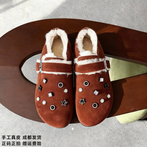 L'avance牛皮水钻博肯2026高品质女鞋巨舒适纯皮单鞋可可系毛毛鞋