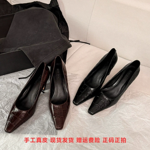 复古石头纹显瘦小个高跟鞋 粗跟方头7cm通勤法式 真皮女鞋 avance