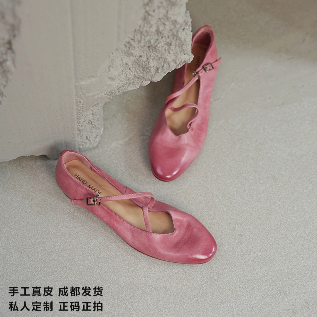 L'avance水洗马皮显瘦小皮鞋复古女粉色真皮单鞋斜一字带玛丽珍3c