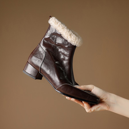 l'avance真皮 法式复古女3.5cm时髦精羊皮短靴羊羔毛靴保暖马丁靴