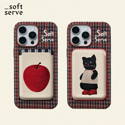 SoftServe柔软供应《再想想与红苹果》iphone刺绣布面手机壳磁吸皮质带卡夹式高级感小众插画复古全包保护套