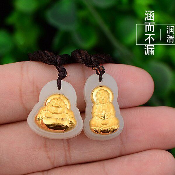 4D和田玉镶金 足金镶和田玉3D金镶玉 弥勒观音 小佛挂坠