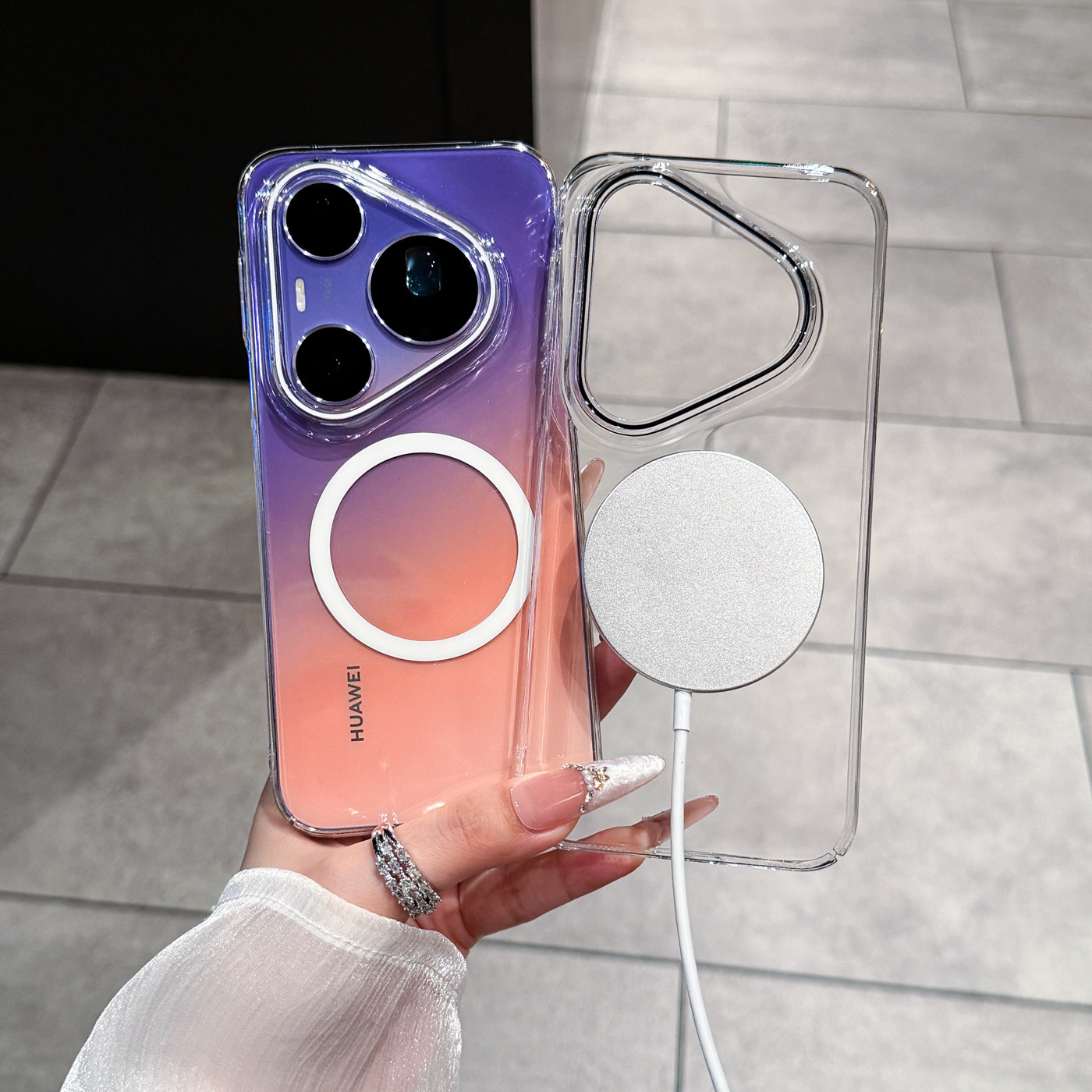 简约小众适用华为p90promax手机壳透明彩色磁吸p80ultra高级感大孔超薄硬壳新款防摔男女保护套