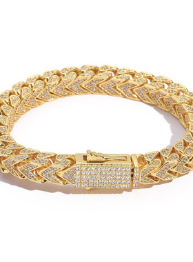 欧美新款嘻哈手链男8mmV形链前后链4面锆石正反两面花纹男士手链