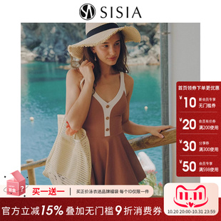 sisia2025新款 保守遮肚显瘦海边度假泡温泉 泳衣女高级感连体裙式