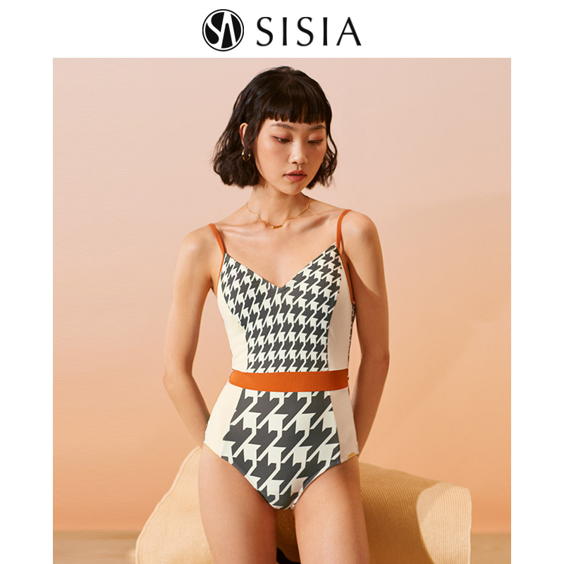 sisia千鸟格女连体泳衣复古少女
