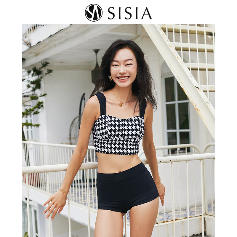 SISIA2024新款泳衣女平角裤分体千鸟格复古优雅时尚性感温泉度假