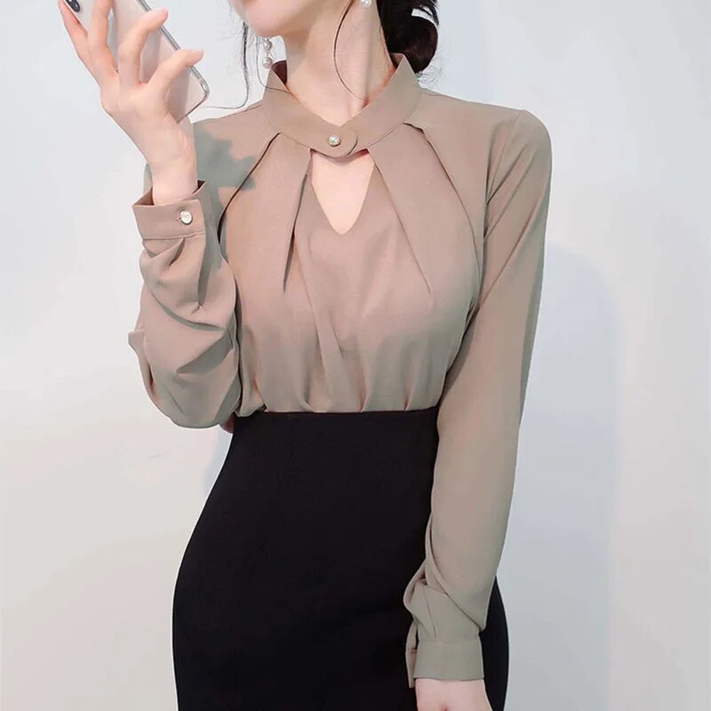 白色雪纺衬衫女长袖2025新款高级感洋气职业ol套头气质v领上衣夏