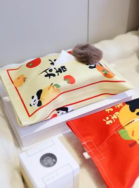 可爱熊猫纸巾盒挂式喜庆红色客厅抽纸盒柿事如意车载抽纸盒纸巾套