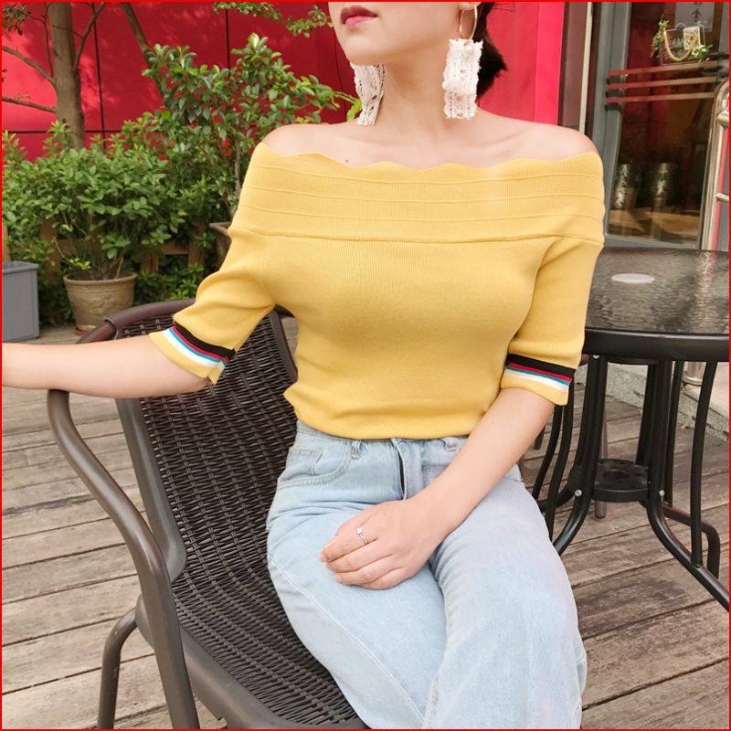 针织冰丝短修身款露肩夏季韩版花边上衣t恤女一字领短袖针织衫|msdalam kategori Butik wanita / wanita, baju-T - dari Buy2taobao.com untuk memberikan perkhidmatan ejen Taobao profesional membeli