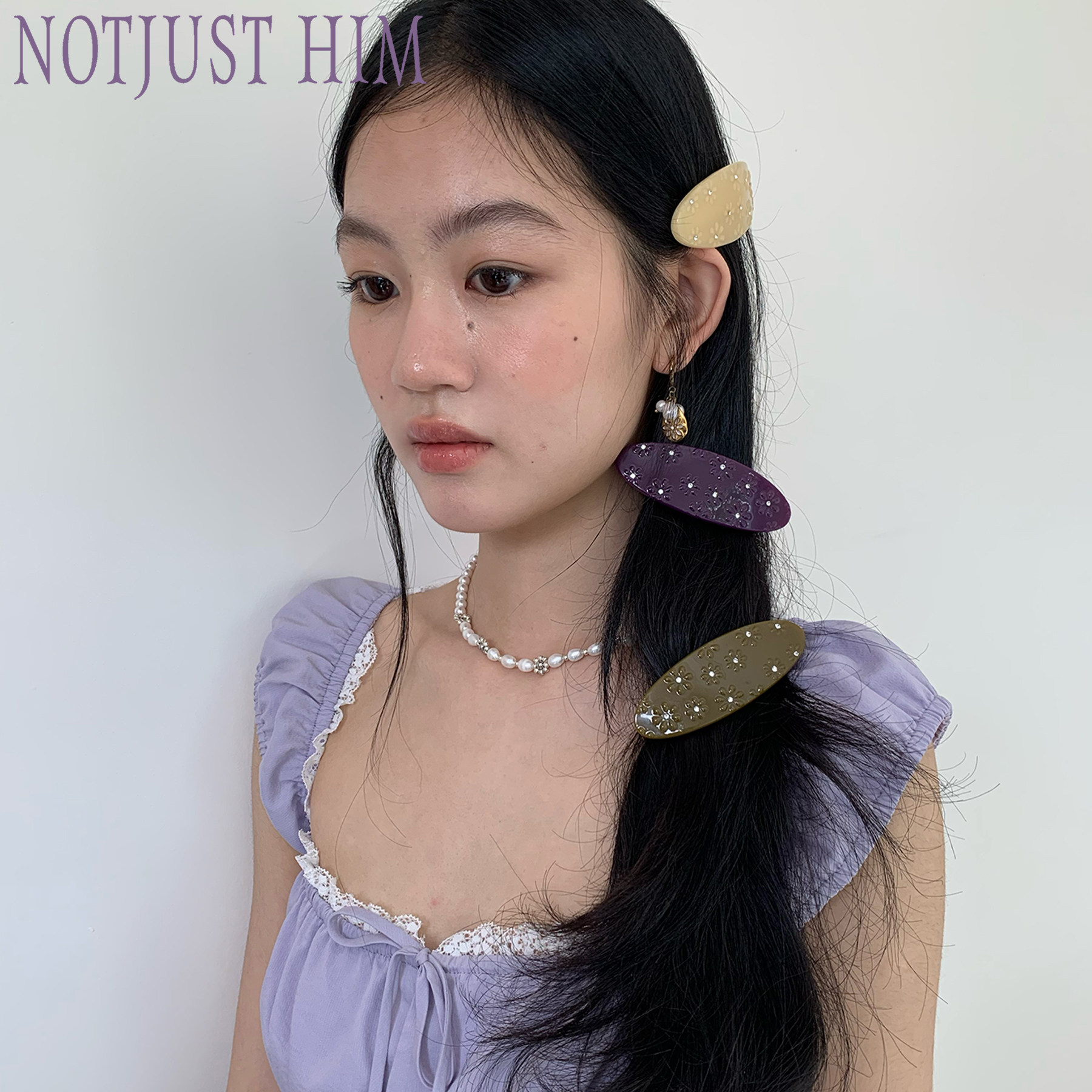 花筏NOTJUSTHIM 《琥珀花影》法式浮雕镶钻椭圆弹簧夹