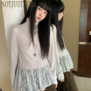 花筏NOTJUSTHIM 天丝羊毛米灰色下摆拼接蕾丝打底长袖T