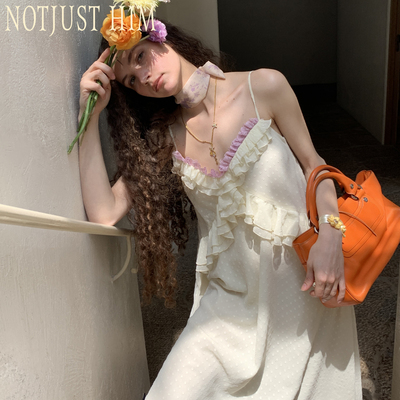 花筏NOTJUSTHIM《波尔尼香槟》浪漫假日感黄紫波点吊带连衣裙