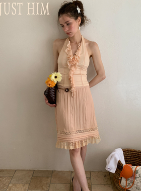 花筏NOTJUSTHIM重工塔克褶拼接蕾丝夏日度假感橙色半裙