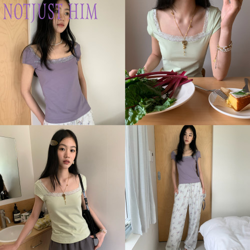 花筏NOTJUSTHIM 蕾丝花边装饰方领弹力修身短袖