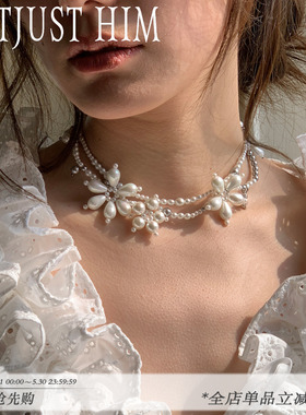 花筏NOTJUSTHIM《白蔷薇》珍珠花朵手工串珠choker锁骨链原创设计
