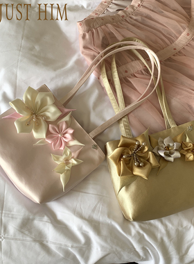 花筏NOTJUSTHIM《Candy Colors》定制手工花朵金粉缎面手提腋下包