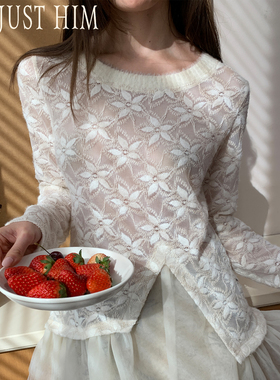 花筏NOTJUSTHIM《White lily》绒感花朵针织拼接轻盈羽纱打底长袖