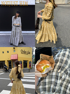 花筏NOTJUSTHIM苏格兰格纹衬衫长裙法式时髦双色套装