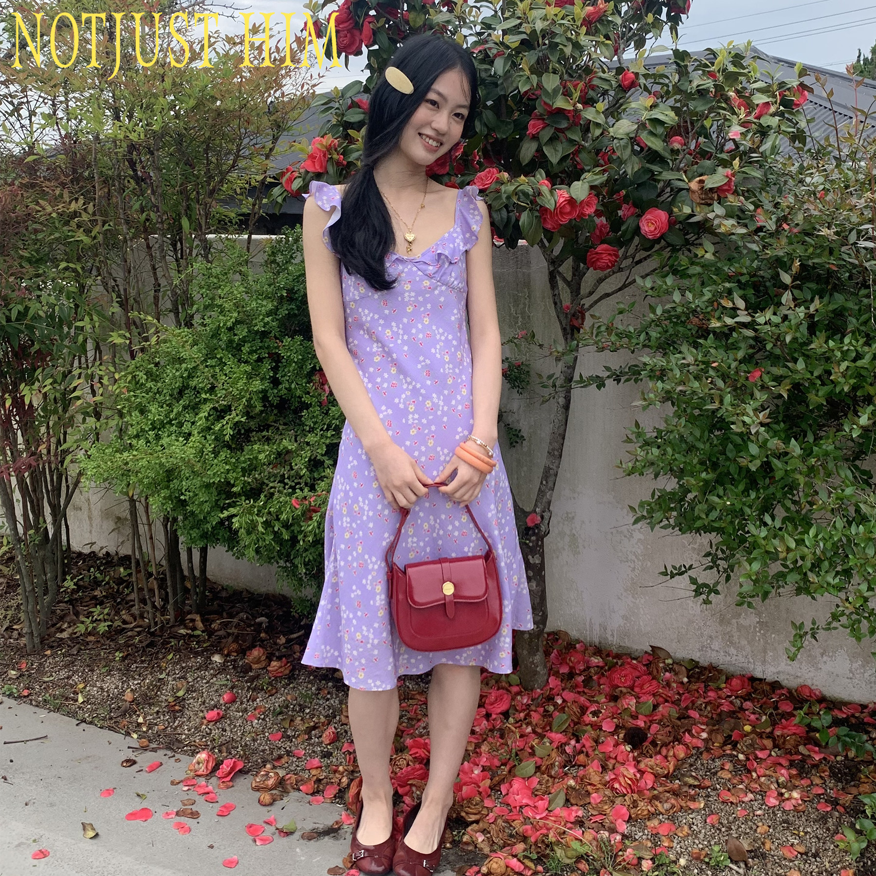 花筏NOTJUSTHIM 低饱和度紫色清新碎花浪漫中长裙