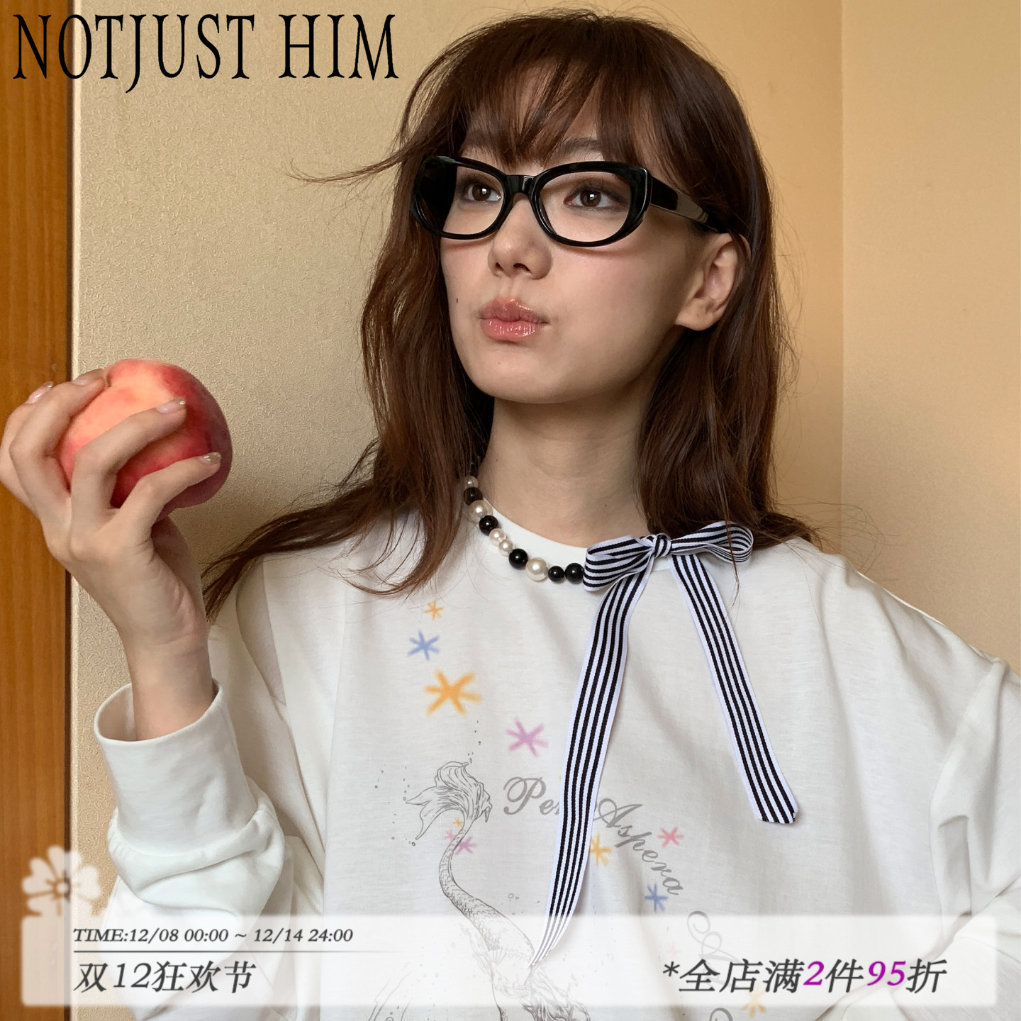 花筏NOTJUSTHIM《复古条纹》蝴蝶结丝带黑白珍珠项链