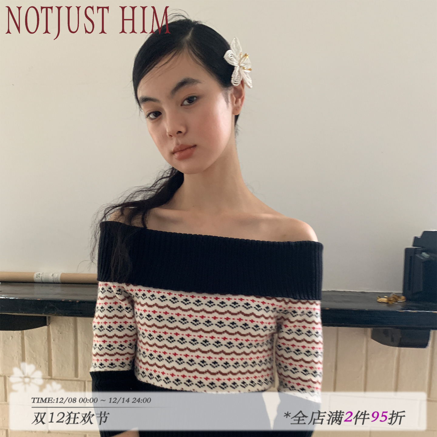 花筏NOTJUSTHIM《Lily’s Theme》费尔岛花纹舒适不扎一字肩毛衣