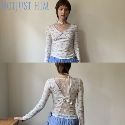 花筏NOTJUSTHIM《薄雾蔷薇》碎花蝴蝶结镂空蕾丝露背针织长袖